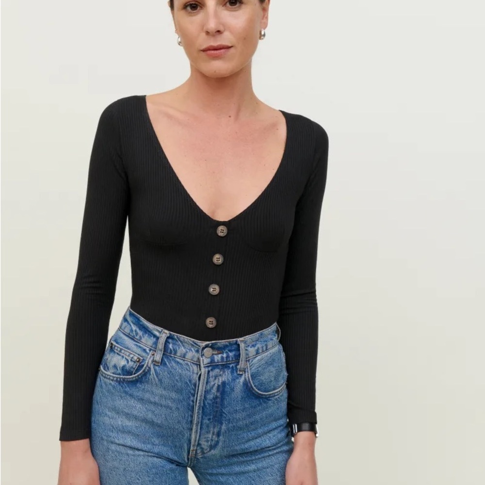 Reformation Vergil Brown Ribbed Button-Front Tencel Long Sleeve Top